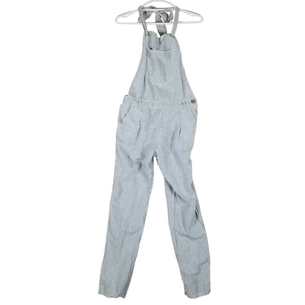 Zara Trafaluc Overalls Women Size S Blue White Striped Halter Linen Ticking
